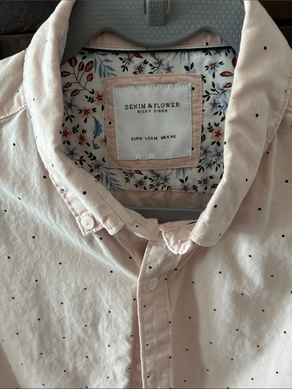 Denim & Flower Light Pink Men's Button-Down Shirt with Black Micro Dots